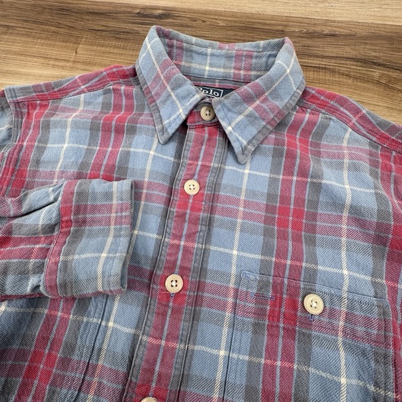 VTG Polo Ralph Lauren Heritage Flannel Red Blue Plaid Long Sleeve Shirt Small - Picture 1 of 7
